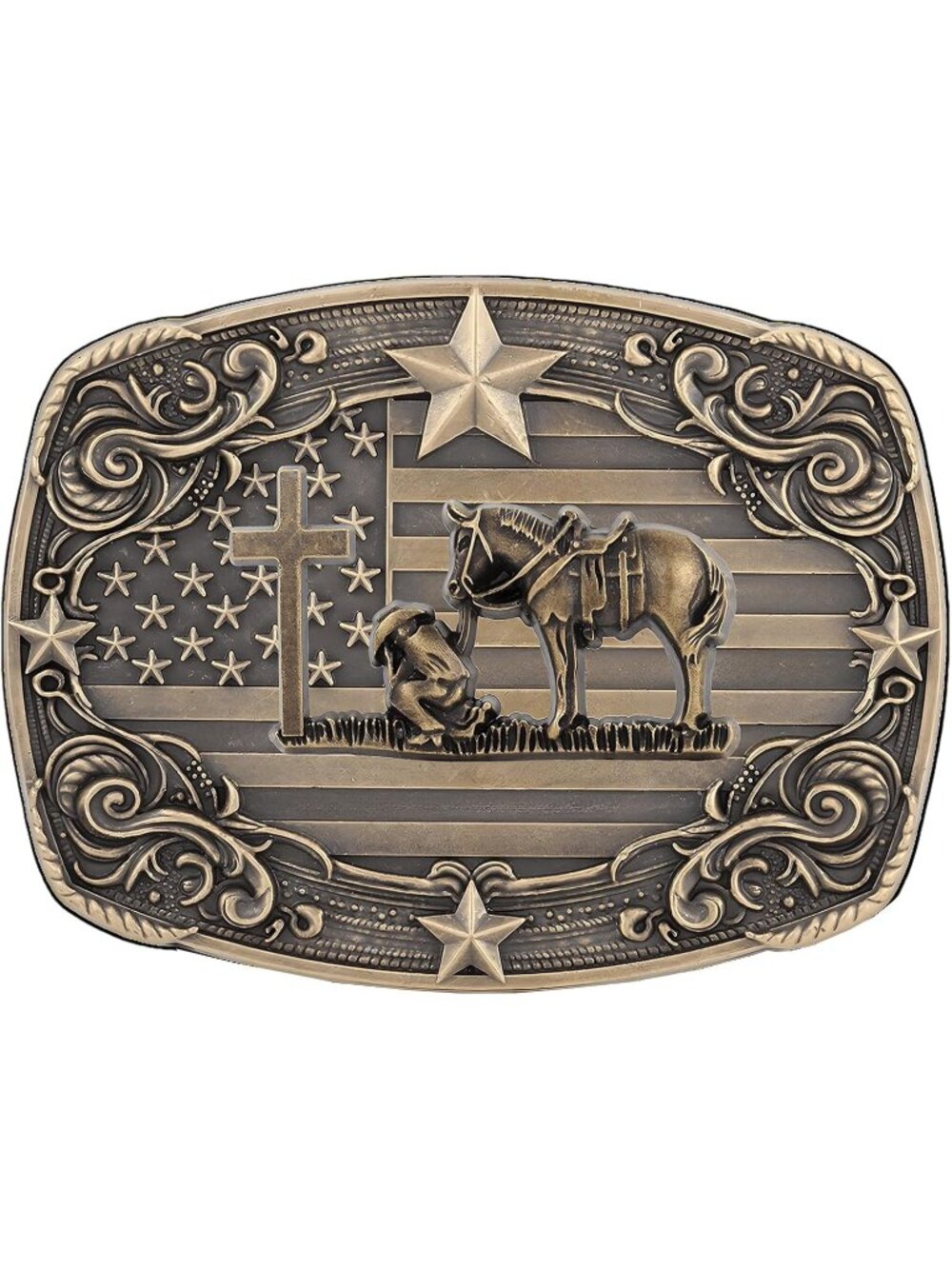 Men Bronze Cowboy Belt Buckle Cross Prayer Horse Vintage Western